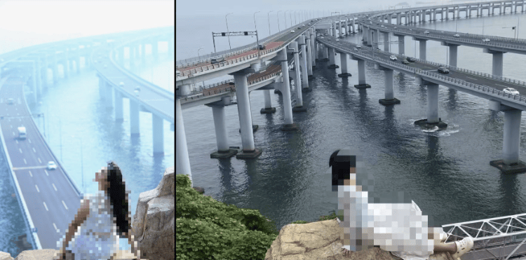 大连一跨海大桥观景台有游客翻栏杆踩空心造景石拍照，当地回应